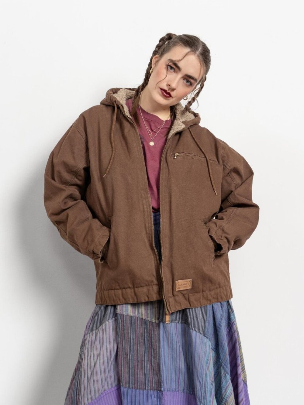 CANVAS JACKET Vintage Hooded Bomber Zipper Utility Coat Brown Big Fleece